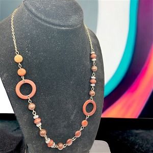 Vintage Wooden Circles and Beads Brass-Tone 22.25 Inch Necklace!